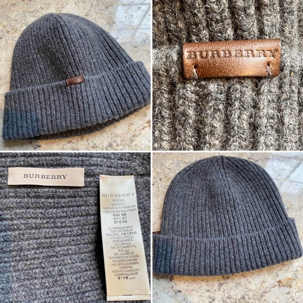 BURBERRY $340 Ribbed Gray Wool Cashmere Beanie Hat 56-61cm EUC